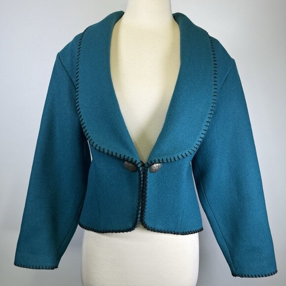Vintage MWG Western Wool Cropped Jacket Teal Southwestern Concho Button Medium - Picture 1 of 13